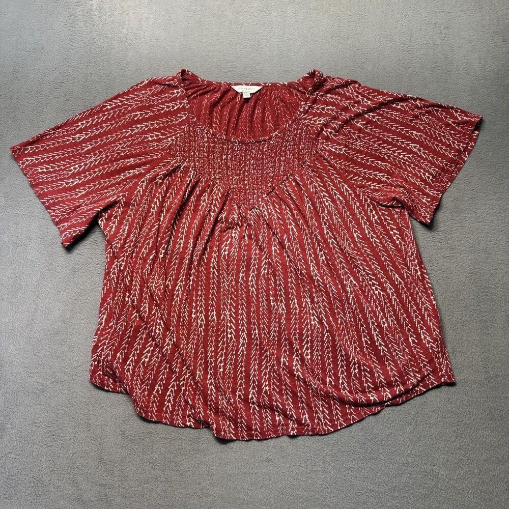 Lucky Brand Womens L Blouse Red White Geometric Print Short Sleeve Top Casual